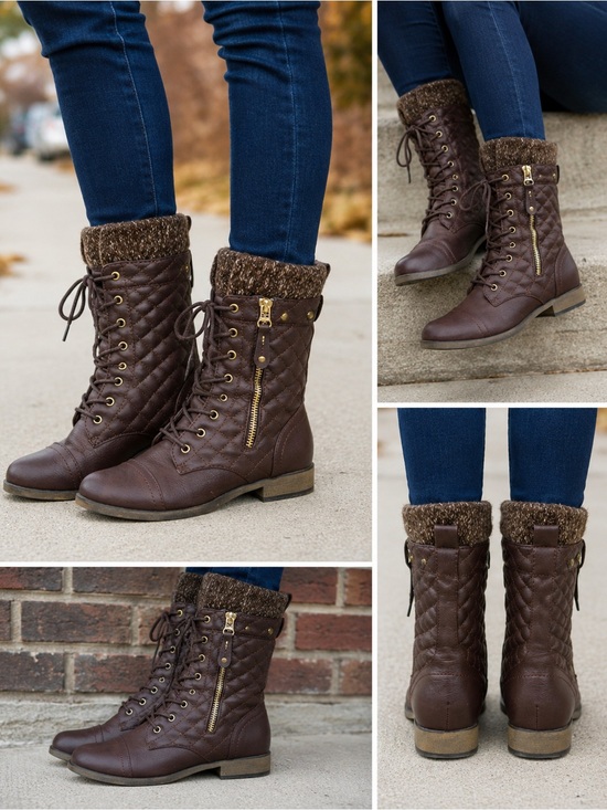 Shoes - Avia Chicago Brown Quilted Lace Up Combat Boots Sweater Cuff Size 6